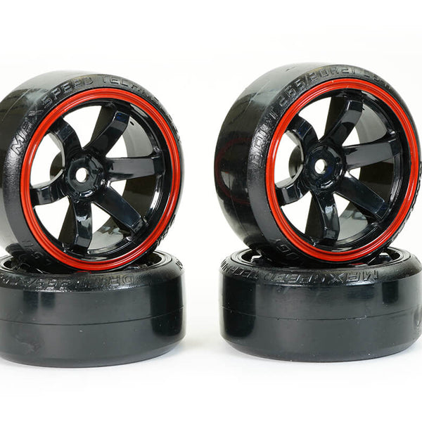 FAST0086BKR FASTRAX 1/10 STREET/DRIFT TYRE 6-SPOKE WHEEL (6MM OFFSET) - BLACK WITH RED TRIM