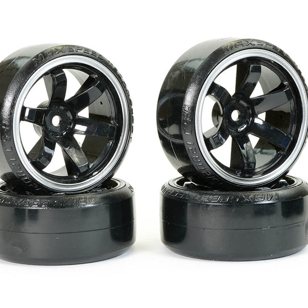 FAST0086BKW  FASTRAX 1/10 STREET/DRIFT TYRE 6-SPOKE WHEEL (6MM OFFSET) - BLACK WITH WHITE TRIM