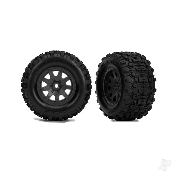 TRX10771-STBLK Traxxas Wheels & Tyres, Assembled (Black with Satin beadlock wheels, dual profile (2.1" outer, 2.6" inner), Sledgehammer tyres, foam inserts)) (front) (2)