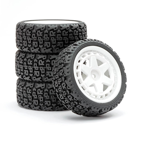 FAST1360W FASTRAX 1/10 'R' BLOCK RALLY TYRES/6-SPOKE WHITE WHEELS (4)