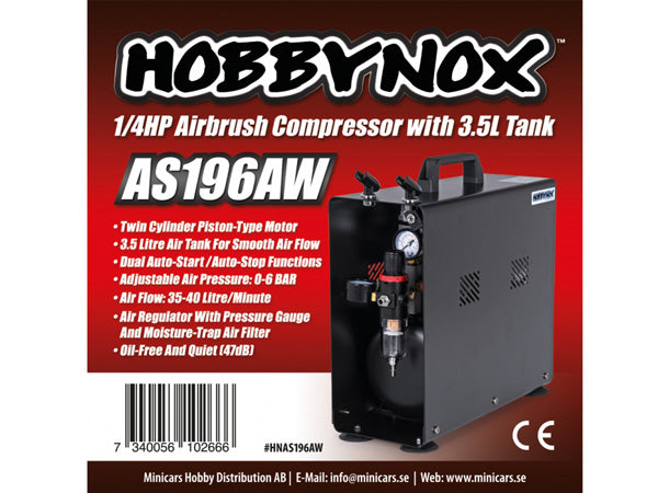 HNAS196AW Hobbynox Airbrush Compressor 1/4HP with 3.5L Tank (0-6BAR)