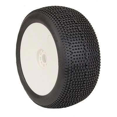 AKA 1:8 TRUGGY TYRES ON EVO WHITE RIMS IMPACT SUPERSOFT LONG WEAR (2) AKA14117QRW