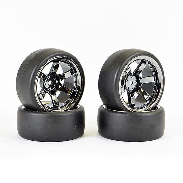 FAST1350BC-D19 FASTRAX 1/10 (4) DRIFT D1 TYRE W/9MM 6-SPOKE WHEEL- BK CHROME