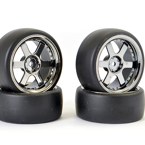 FAST1350BC-D13 FASTRAX 1/10 (4) DRIFT D1 TYRE W/3MM 6-SPOKE WHEEL- BK CHROME