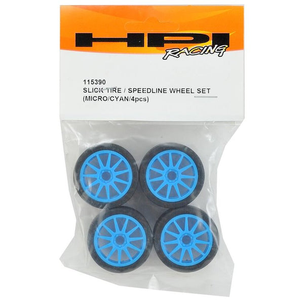 HPI Micro RS4 Slick Tire & Speedline Wheel Set (Cyan) (4)